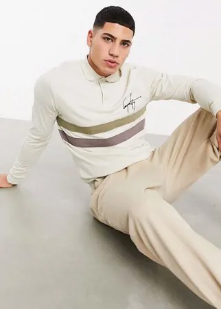 Футболка-поло со вставками, длинными рукавами и вышивкой на груди ASOS DESIGN-Neutral