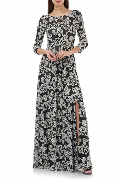 НОВЫЕ КОЛЛЕКЦИИ JS Черное, серебристое романтическое платье из сетки с рукавами 3/4 и вышивкой 8 США