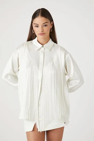 Длинная рубашка из атласа с бахромой Forever 21, белый