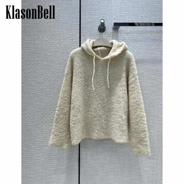 7,4 KlasonBell вышивка жаккардовые буквы пушистые на шнуровке с капюшоном вязаный пуловер альпака свитер для женщин