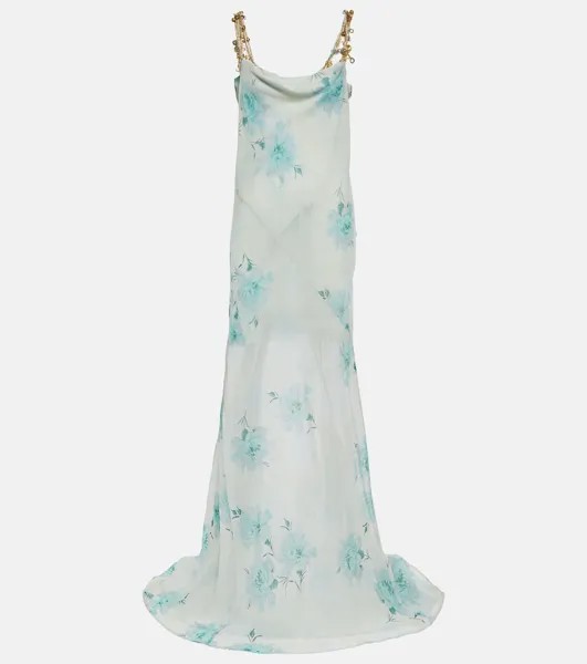 Платье из шелкового шифона с цветочным декором Dries Van Noten, белый