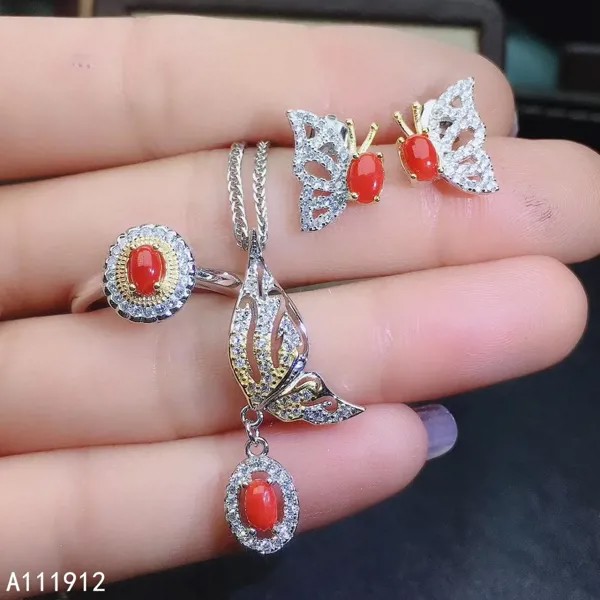 KJJEAXCMY Изящные Ювелирные изделия натуральный красный коралл Стерлинговое Серебро 925 пробы женское ожерелье цепочка серьги кольцо комплект поддержки элегантный тест