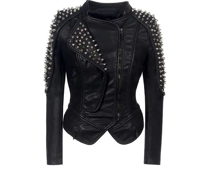 Женская кожаная куртка, Новые облегающие байкерские пальто из искусственной кожи в стиле панк с шипами и звездами с серебряными металлическими заклепками