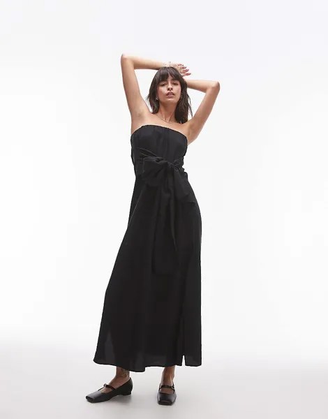 Черное платье с вырезом-бандо и завязкой спереди Topshop