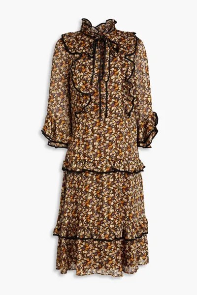 Жаккардовое платье миди с оборками и цветочным принтом Mikael Aghal, коричневый