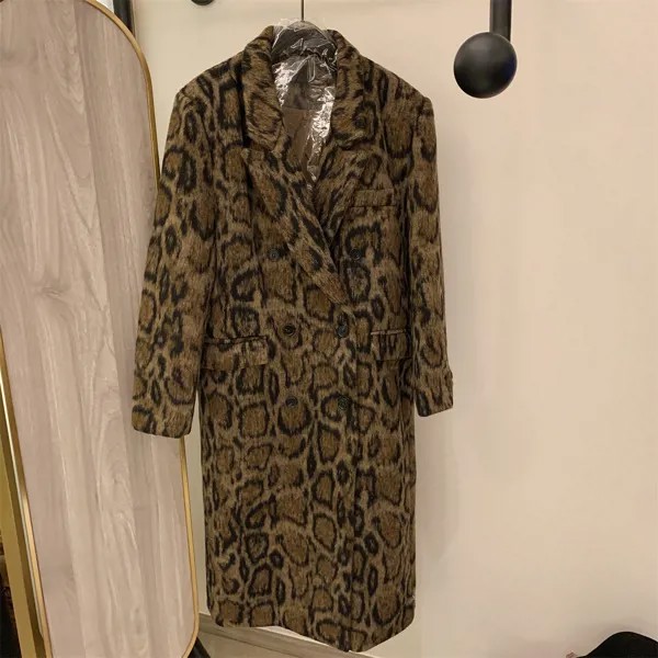 Коричневый Леопардовый принт средней длины Хепберн пальто для зимы 2022 двубортный длинный шерстяной Тренч модное подиумное пальто