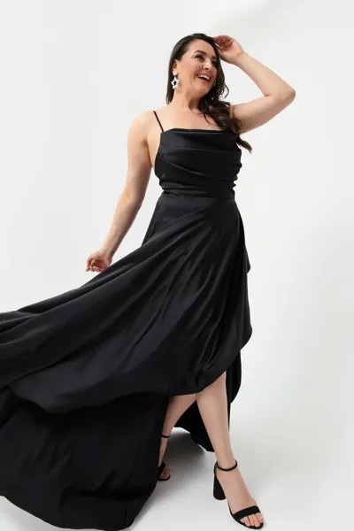 Женское черное атласное вечернее платье с разрезом и разрезом большого размера, выпускное платье Lafaba, черный