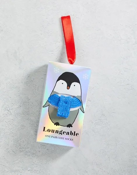 Новогодние уютные носки с дизайном в виде пингвина в подарочной упаковке Loungeable-Голубой