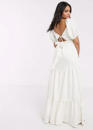 Платье макси с ярусной юбкой, пышными рукавами и поясом Skylar Rose-Белый
