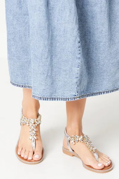 Faith: Сандалии Mara на плоской подошве с декором и Т-образной перемычкой Dorothy Perkins, серебро