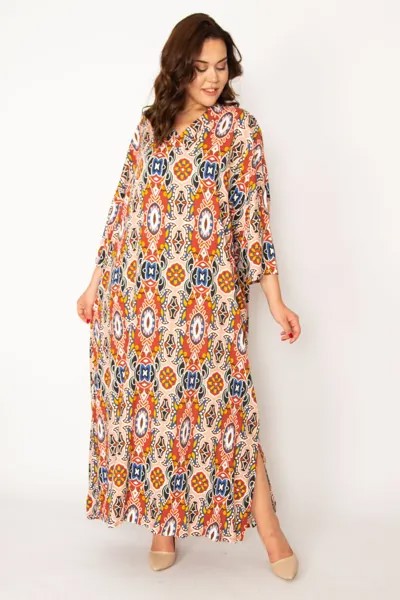 Женское удобное платье большого размера из цветной вискозной ткани с v-образным вырезом 65n33527 Şans, разноцветный