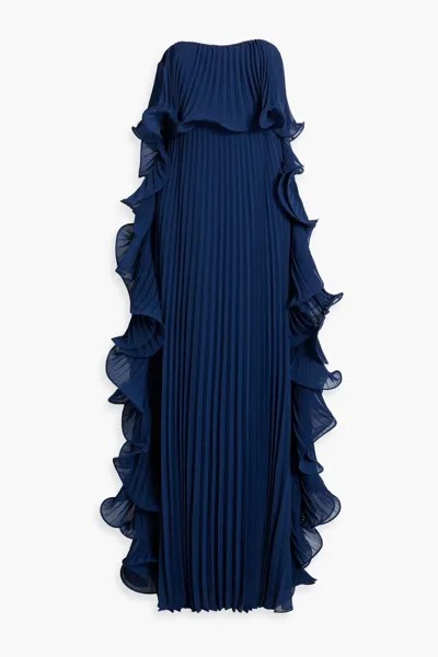 Плиссированное шифоновое платье без бретелек с оборками Badgley Mischka, темно-синий