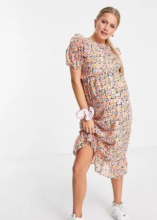 Платье миди с оборками спереди и цветочным принтом Influence Maternity-Розовый цвет