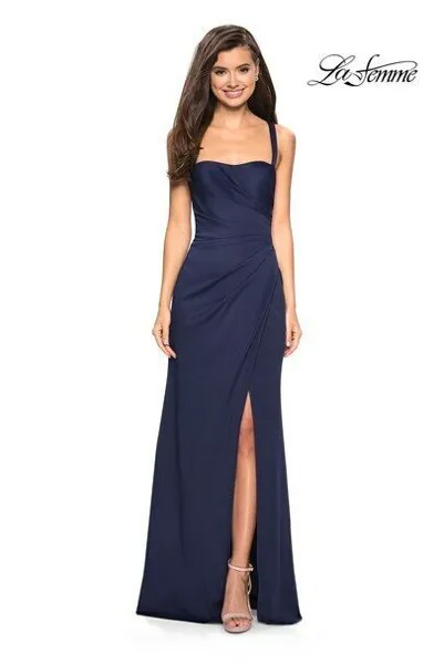 НОВИНКА LA FEMME 27470 Темно-синее платье со рюшами и искусственным запахом, перекрещенными сзади и высоким разрезом 8