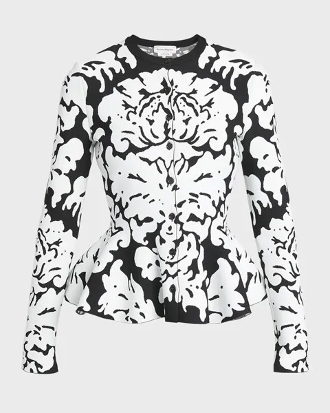 Кардиган с дамасской жаккардовой баской и баской Alexander McQueen, цвет Ivory Mult