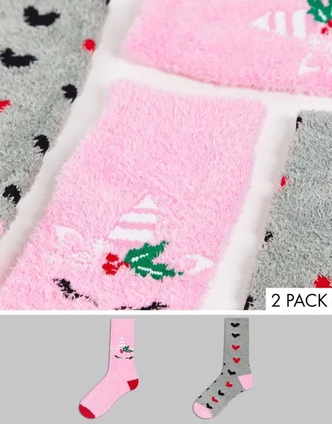 Набор из 2 пар пушистых носков с единорогом розового и серого цветов Threadbare-Розовый цвет