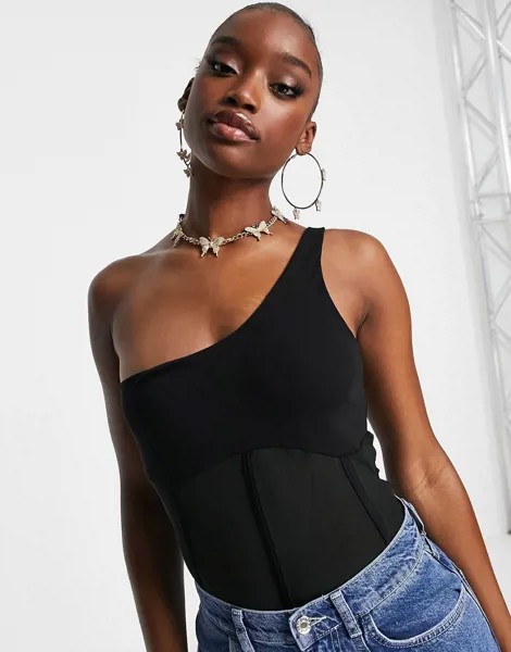 Черное боди на одно плечо с сетчатой вставкой ASOS DESIGN-Черный цвет