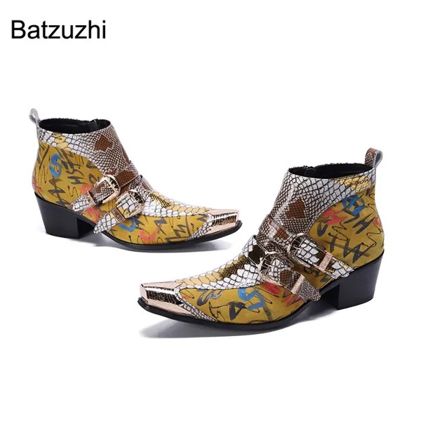 Ботинки Batzuzhi мужские кожаные, металлический носок, спилок, Высокий Каблук 6,5 см, байкерские, для вечерние ринки/свадьбы, желтые
