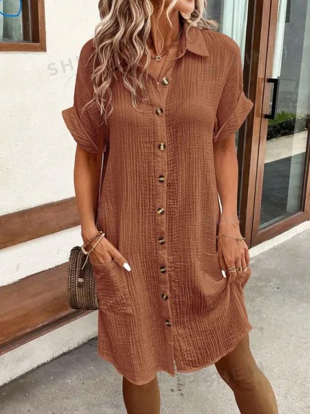 SHEIN LUNE Женское простое и удобное платье-туника свободного кроя с текстурным происхождением и двойными накладными карманами, коричневый