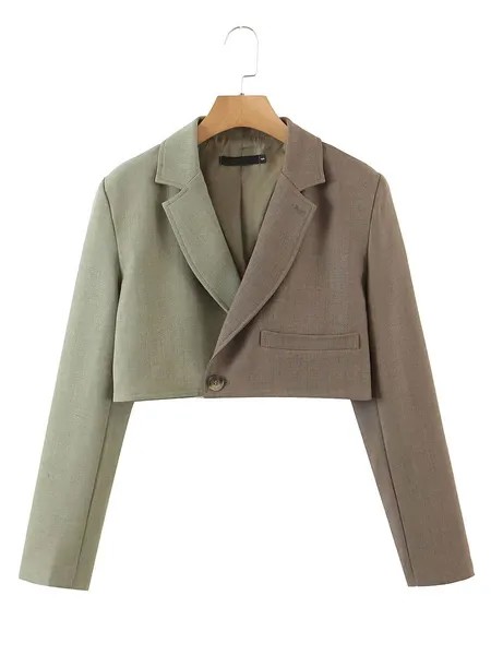 Milanoo Blazer For Women Olive Green Polyester Two Tone Stretch Turndown Collar Buttons Long Sleeves