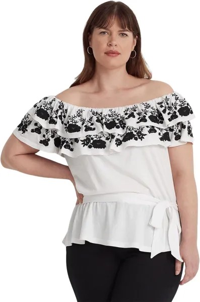 Майка больших размеров с вышивкой и открытыми плечами LAUREN Ralph Lauren, цвет White/Black