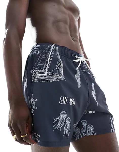 Hollister – Темно-синие шорты для плавания 5 дюймов с морским узором