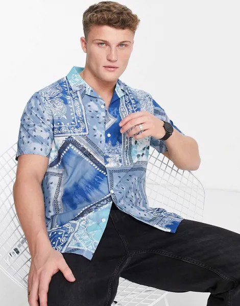Синяя рубашка с отложным воротником и принтом в стиле банданы Topman-Голубой