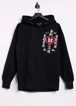Oversized-худи на молнии с графическим принтом в виде бабочки New Girl Order-Черный цвет