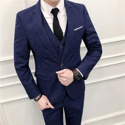Мужской костюм в черную клетку, Классические свадебные костюмы для жениха из 3 предметов, официальное мужское деловое синее платье, смокинг,...