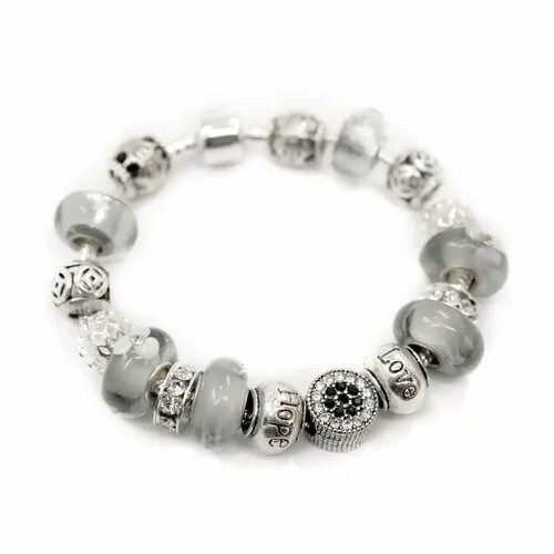 Браслет-цепочка Handinsilver ( Посеребриручку ) Браслет с шармами на основе из бижутерной стали, муранское стекло, стразы, стекло, 1 шт., размер 18 см, серый