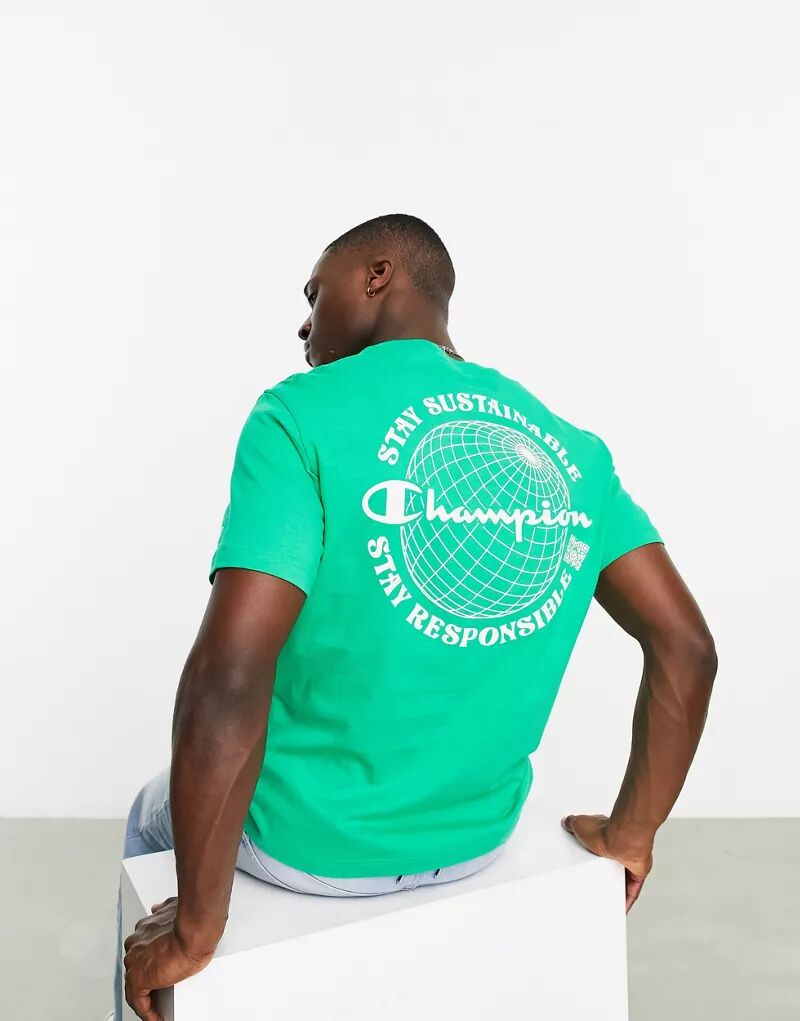 Зеленая футболка с принтом в виде земного шара на спине Champion Rochester Future