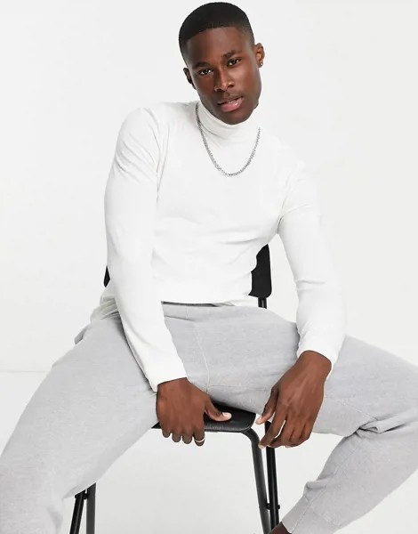 Белый лонгслив с отворачивающимся воротником Topman