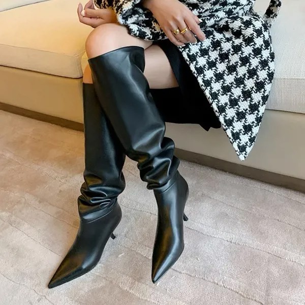 Ботфорты женские из искусственной кожи с острым носком, модные повседневные сапоги с флоком, большие размеры 43, зимняя обувь, черные бежевые