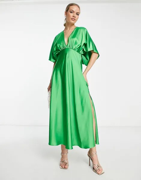 Ярко-зеленое атласное платье миди с v-образным вырезом и рукавами \