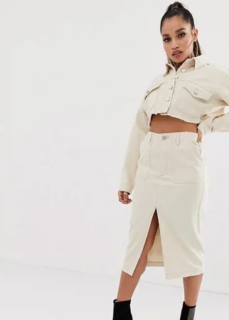 Бежевая джинсовая юбка миди Missguided Petite-Белый