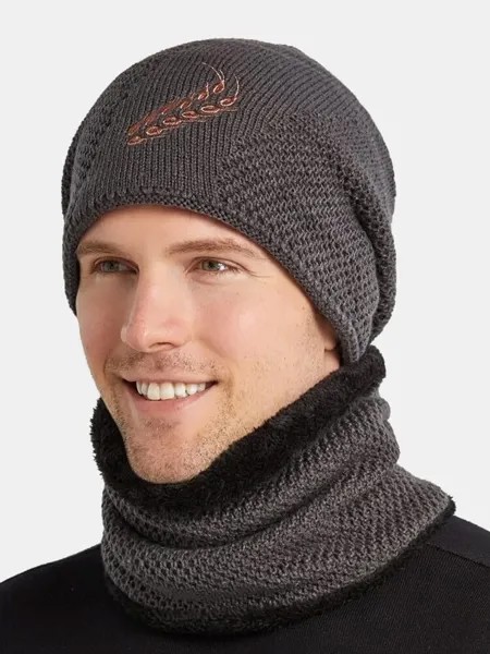 Мужчины 2 шт. Вышитые толстые зимние На открытом воздухе Шея защитный головной убор шарф вязаный Шапка шапка