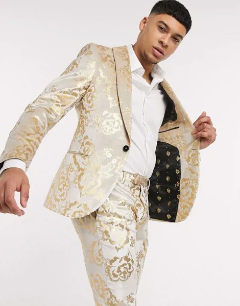 Пиджак цвета шампанского с флоковым золотистым цветочным орнаментом Twisted Tailor-Белый