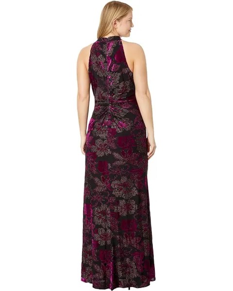 Платье Adrianna Papell Metallic Velvet Long Halter Gown, цвет Black Violet