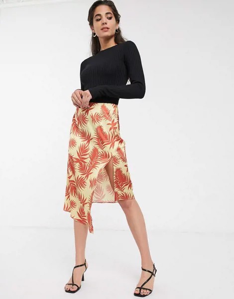 Асимметричная юбка миди с пальмовым принтом Glamorous-Кремовый