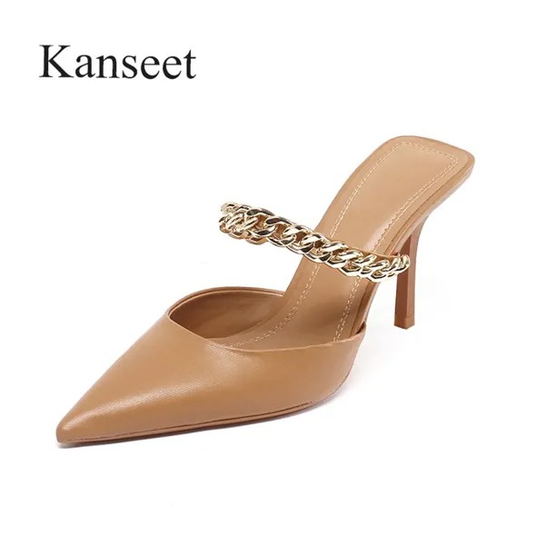Тапочки Kanseet женские с острым носком, коровья кожа, цепочка, украшение, модная летняя обувь, ручная работа, высокий каблук, 2021