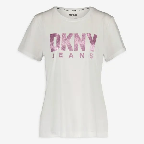 Белая футболка с розовым блестящим логотипом DKNY Jeans