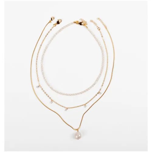 Комплект бижутерии VERUSCHKA JEWELRY: колье, цепь, латунь, золочение, фианит, жемчуг пресноводный, размер колье/цепочки 36 см., золотой