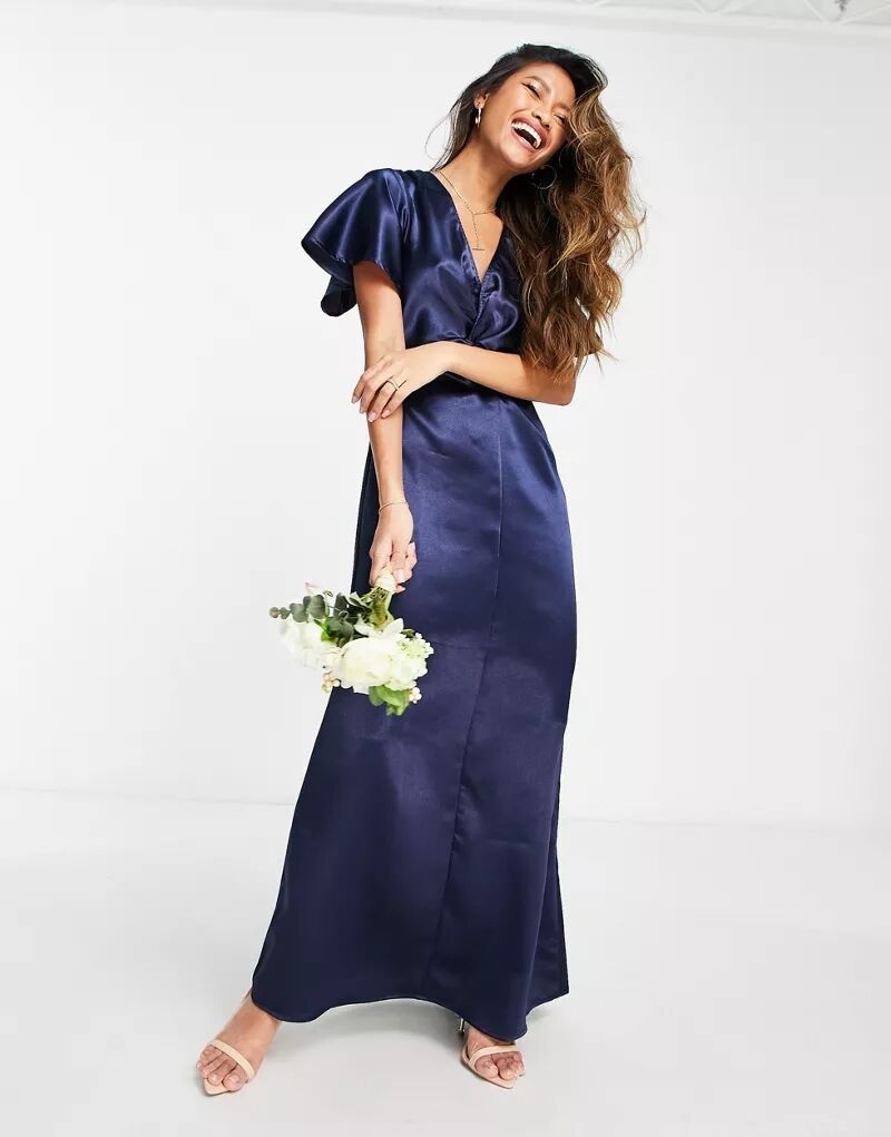 Темно-синее атласное платье макси с развевающимися рукавами Vila для подружек невесты