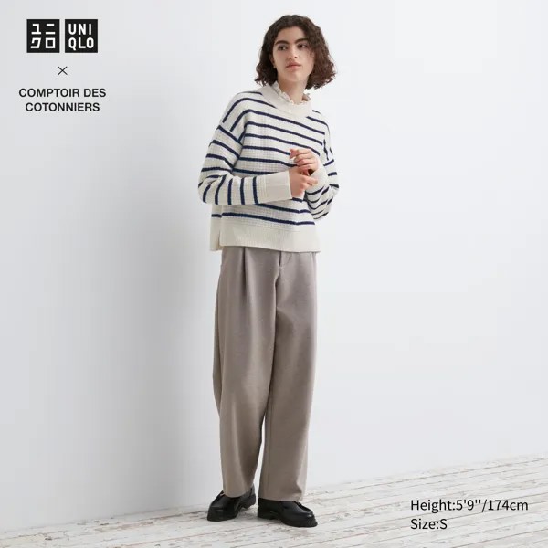 Брюки UNIQLO широкие из плиссированного джерси укороченные, бежевый