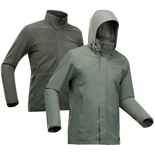 Куртка 3 в 1 непромокаемая для многодневного треккинга мужская TRAVEL 100 0°C размер: M/RU46 цвет: хаки FORCLAZ x Decathlon