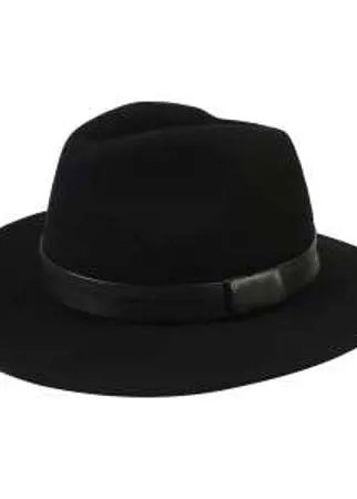 Оригинальная шляпа федора из шерсти чёрного цвета с широкими полями. Модель обрамляется черной лентой из эко-кожи. Модный аксессуар, который легко адаптируется под различные городские образы.