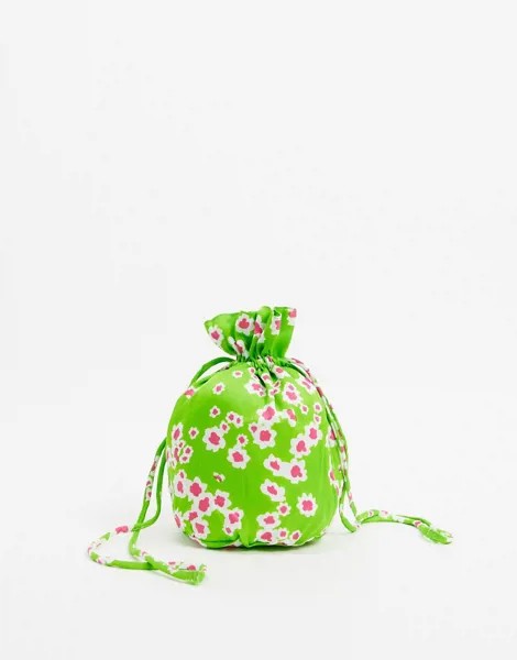 Атласная сумочка с цветочным принтом на затягивающемся шнурке Faithfull-Зеленый