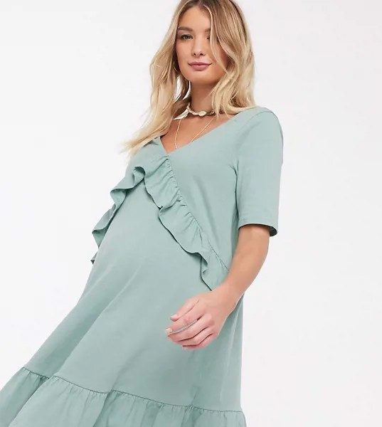 Эксклюзивное шалфейно-зеленое свободное платье с V-образным вырезом и оборками ASOS DESIGN Maternity-Зеленый цвет