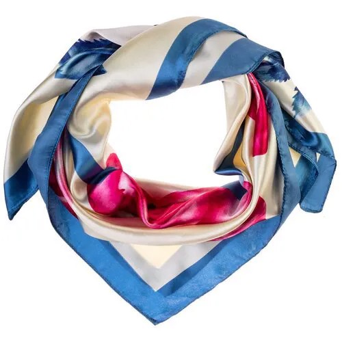 Шелковый платок на шею/Платок шелковый на голову/женский/Шейный шелковый платок/стильный/модный /21kdgPL903008-1vr белый,голубой/Vittorio Richi/80% шелк,20% полиэстер/90x90