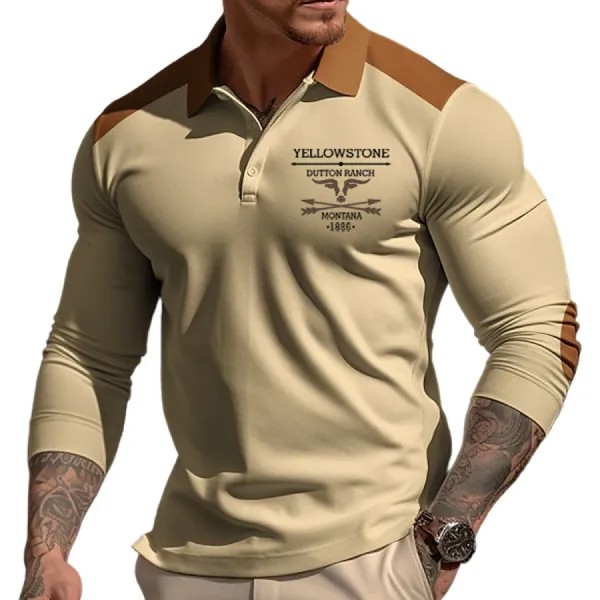 Мужская рубашка-поло Henley Golf Vintage Yellowstone Outdoor Color Block Henley Street Vacation Long Sleeves Clothing